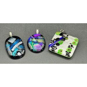 Set of Three Art Glass Dichroic Glass Multicolor Green Blue Purple Pendants